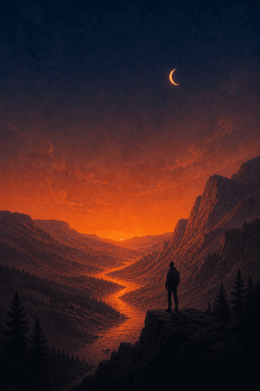 A glowing river winding through distant mountains at sunset.