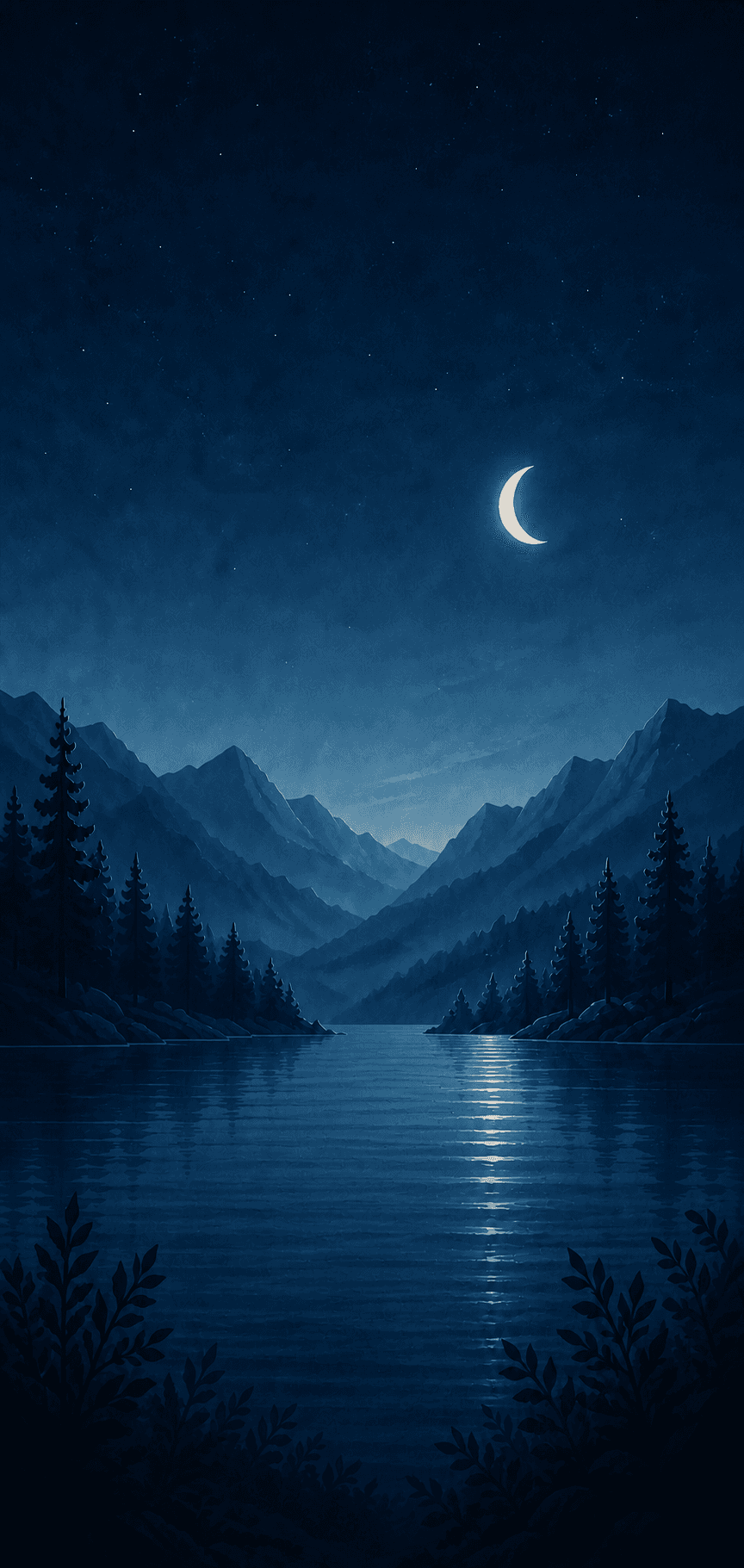 A moonlit lake between quiet blue mountains.