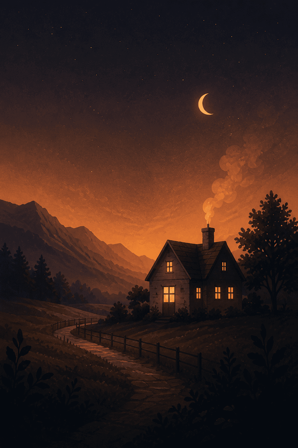 A warmly lit cottage beneath an amber night sky.