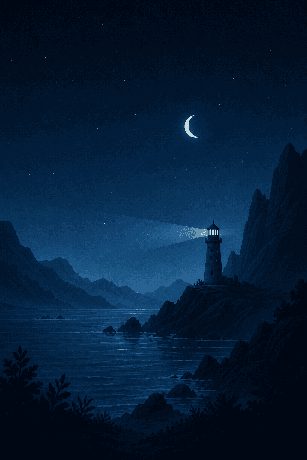 A lighthouse casting a silver beam across a deep blue sea.