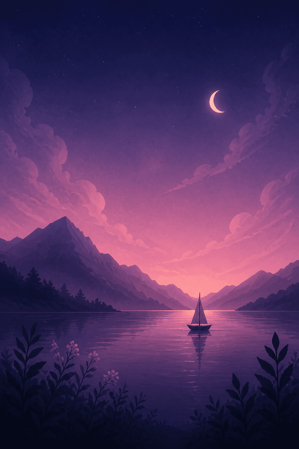 A small sailboat on a violet lake beneath a crescent moon.