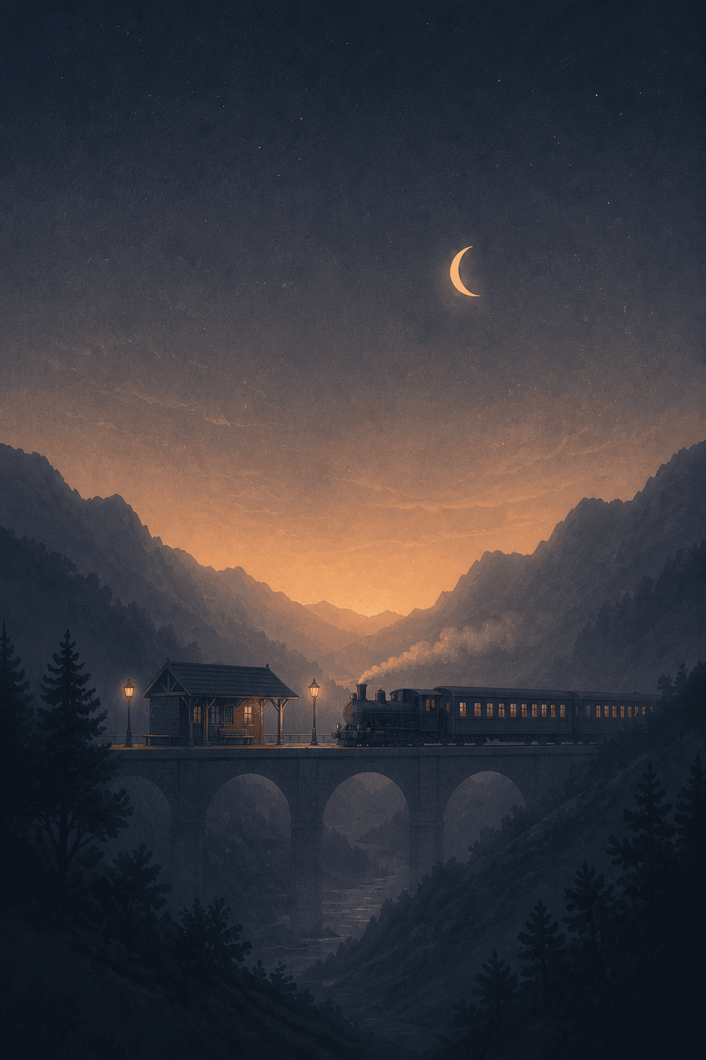 A distant train crossing a mountain viaduct at dusk.